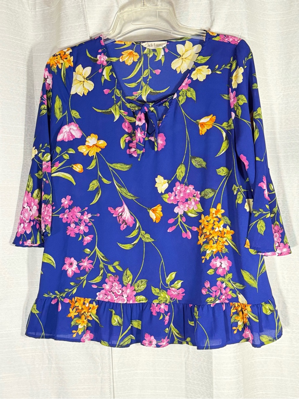 Peach Love Large Vivid Blue Floral Tie-Neck Women's Top ruffle bottom